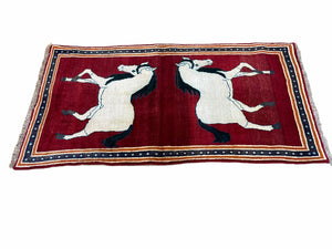 3.5 X 6 Handmade Hand-Knotted New Vintage Rug Quality Wool White Horses Red