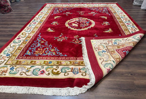 Indo Chinese Wool Rug 9x12, Red Art Deco Carpet, Vintage