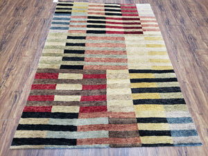 Modern Tibetan Rug 4' x 5' 9", Medium Sized Abstract Handmade Carpet, Hand-Knotted Soft Pile Wool Rug, Multicolor Contemporary Rug, Colorful