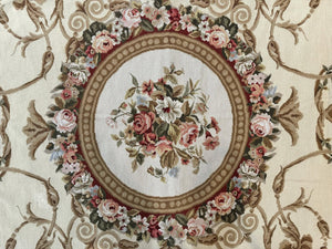 Aubusson Needlepoint Rug 9x11, Handmade Vintage Wool Flatweave Carpet, Elegant European Rug, Floral, Cream