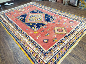 Vintage Moroccan Rug 6.6 x 9.8 ft, Tribal Bohemian Wool Hand-Knotted Carpet, 1950s Moroccan Rug, Salmon Red and Navy Blue, Room Sized Rug