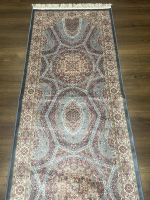Turkish Silk Runner Rug 2.6 x 13, Blue Runner Rug, Dome Design, Bamboo Silk, New