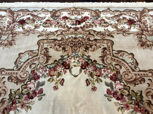 Aubusson Rug 8x12, European French Savonnerie Design, Thick Wool Pile, Elegant Rug, Cream Beige Light Green