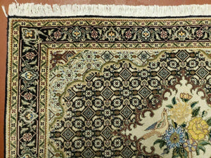 Small Persian Rug 2.4 x 3, Birds and Flowers, Finely Hand Knotted