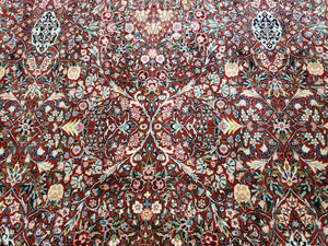 Oversized Pak Persian Rug 11x15, Large Wool Palace Carpet, Red and Ivory, Millefleur Allover Floral Pattern, Vintage Handmade Oriental Rug