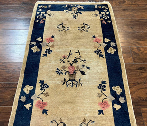 Antique Chinese Peking Rug 3x6, Beige and Dark Blue Hand Knotted Handmade Asian Oriental Carpet, Floral Vases, Vintage Wool Art Deco Rug