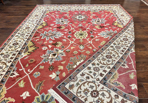 Indo Persian Rug 9x12, Wool Hand Knotted Vintage Carpet, Red & Ivory, Floral Allover, 9 x 12 Room Sized Rug