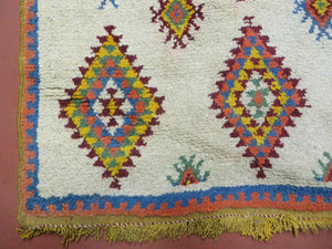 Moroccan Wide Runner Rug 3' 6" x 9', Vintage Azilal Berber Carpet Tribal Runner, Colorful Diamonds Ivory Orange Yellow, Soft Wool Handmade