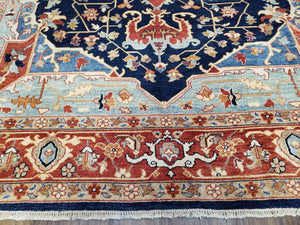 Safavieh Samarkand Heriz Rug 8x9 ft, Colorful Serapi Room Sized Hand-Knotted Wool Carpet, Tribal Rug, Vintage Oriental Rug, Navy Blue & Red