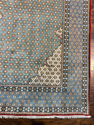 Rare Persian Rug 8x12, Qum Rug, Repeated Star Motifs, Blue and Ivory, Fine 300 KPSI, Hand Knotted Handmade Vintage Wool Rug