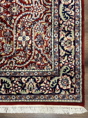 Indo Persian Rug 4x7, Allover Floral Oriental Carpet, Red and Navy Blue, Hand Knotted Indian Kashmiri Traditional Vintage Area Rug 4 x 7 ft