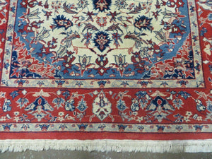 3' X 5' Vintage Handmade Authentic Oriental Floral Medallion Fine Wool Rug Beige Red and Blue Top Quality Veg Dyes