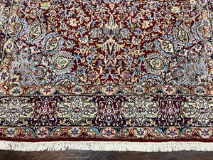 Persian Kirman Rug 7x10, Hand Knotted Wool Floral Medallion Carpet, Dark Red