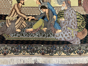Persian Tabriz Pictorial Rug 4.8 x 3.8, Horizontal Oriental Carpet for Hanging on Wall, Hand Knotted Wool Vintage Fine Carpet, Doctor and Patients