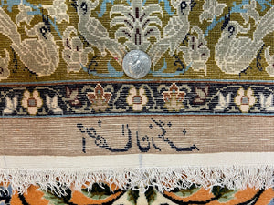 Very Fine Small Persian Isfahan Rug 2.6 x 4, Kork Wool on Silk Hand-Knotted Vintage Animal Pictorials Birds Vase, Signature Masterweaver, Orange