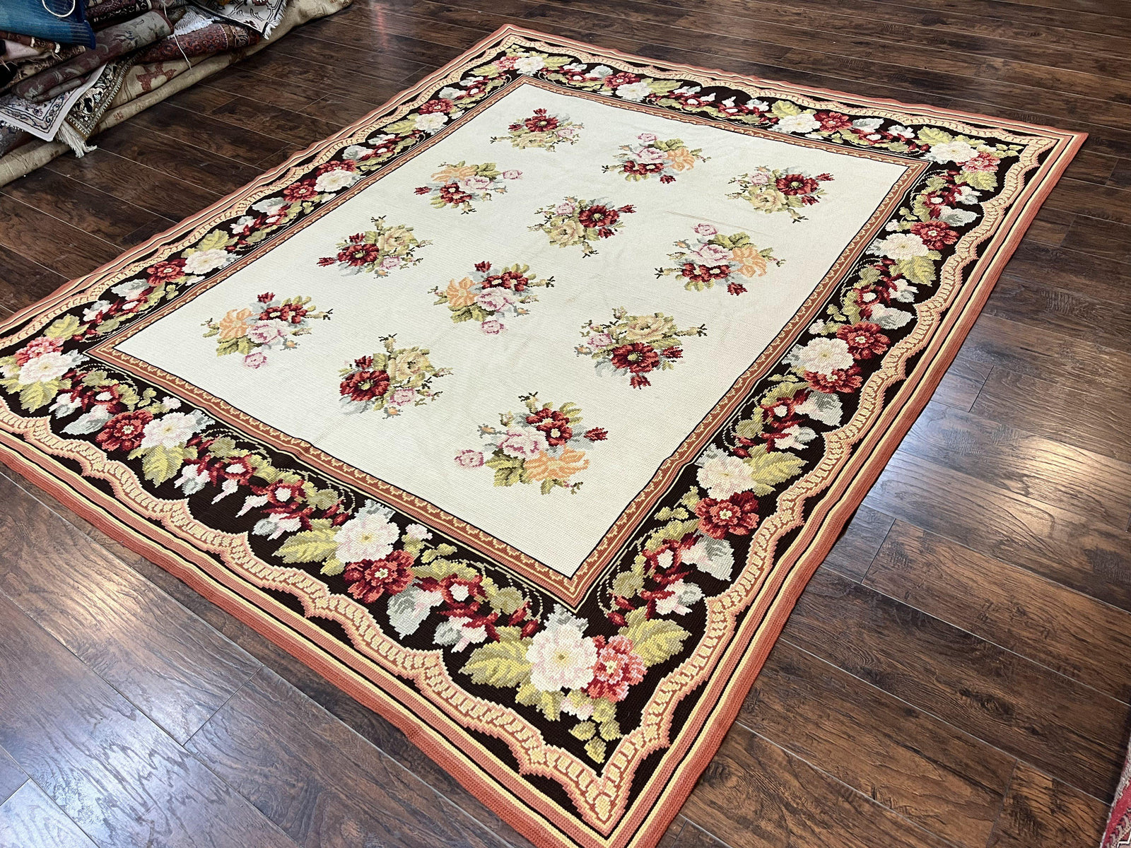 Portuguese Needlepoint Rug 8x9, Vintage Rug 8 x 9 ft, Ivory Dark Brown Hand-Woven Wool Portuguese Carpet, European Rug