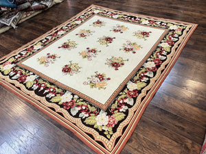 Portuguese Needlepoint Rug 8x9, Vintage Rug 8 x 9 ft, Ivory Dark Brown Hand-Woven Wool Portuguese Carpet, European Rug