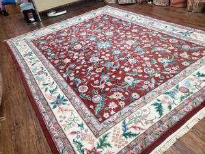 Indo Persian Rug 7.9 x 9.9 ft, Room Sized Indian Carpet, Wool Handmade Vintage Rug, Allover Floral Rug, Traditional Rug, Red Ivory Blue 8x10