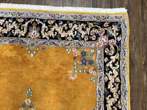 Vintage Persian Kirman Rug 4x7, Unique Colors, Mustard and Black Rug, Open Field with Central Medallion, Wool Oriental Rug, Persian Carpet Handmade