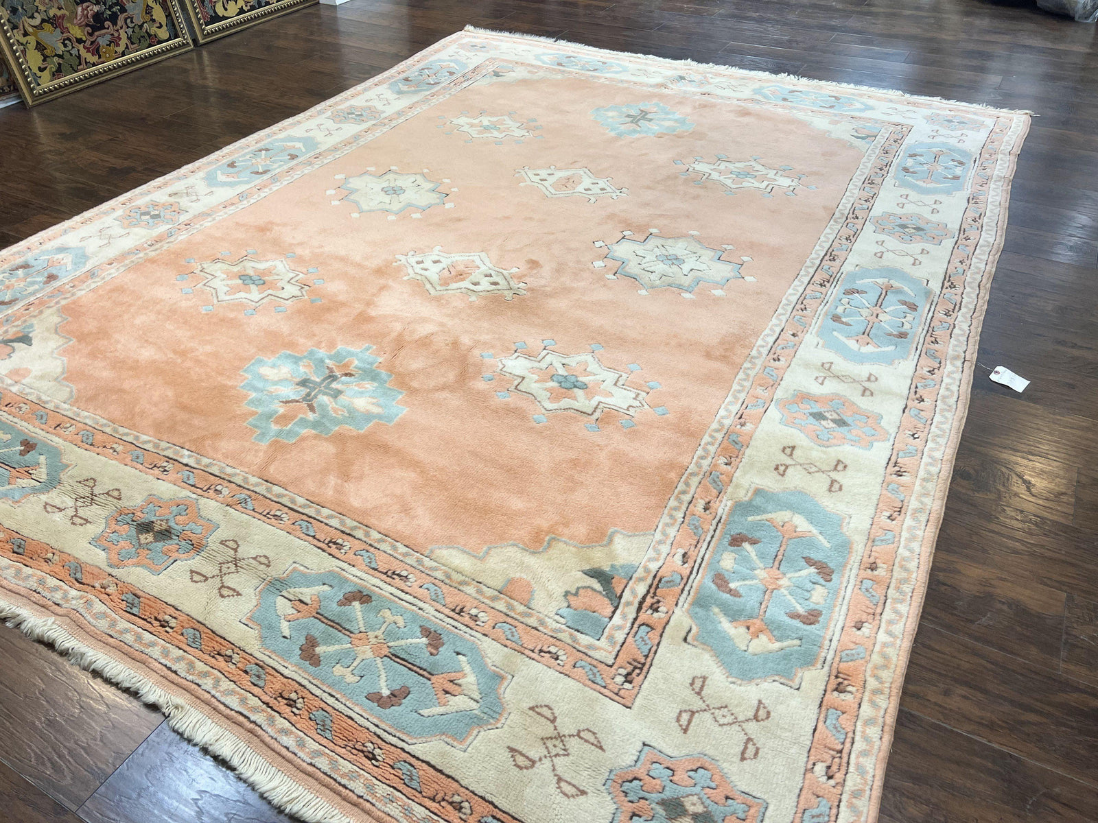 Turkish Oushak Rug 9x12, Wool Hand Knotted Vintage Carpet, Peach Cream Light Blue Room Sized Oriental Rug
