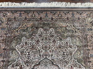 Very Fine Sino Persian Silk Rug 4x6, Floral Medallion, Hand Knotted, Silk Pile on Silk Foundation, Ivory, Vintage Handmade Oriental Carpet