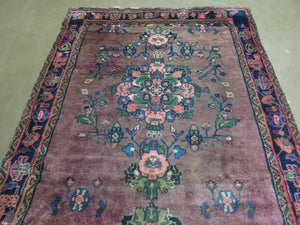 3 x 7 Antique Persian Hamadan Nahavand Rug, Tribal Runner Rug , Handmade Oriental Wool Rug, Vegetable Dyed, Purple-Red & Dark Blue, 3x7 Rug