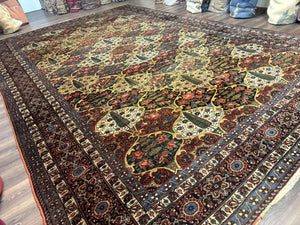 Antique Persian Bakhtiari Rug 12x19, Palace Size Wool Handmade Persian Carpet, Oversized Rug, Panel Design, Peacocks, Multicolor, Rare