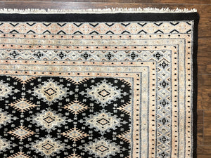 Pakistani Bokhara Rug 6x9, Hand Knotted Vintage Wool Carpet with Silk Highlights, Very Fine 320 KPSI, Medium Size