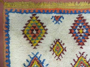 Moroccan Wide Runner Rug 3' 6" x 9', Vintage Azilal Berber Carpet Tribal Runner, Colorful Diamonds Ivory Orange Yellow, Soft Wool Handmade