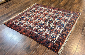Persian Afshar Rug 4x5, Repeated Motif, Ivory & Burgundy, Wool Tribal Oriental Carpet, Handmade Vintage Semi Antique Medium Sized Rug