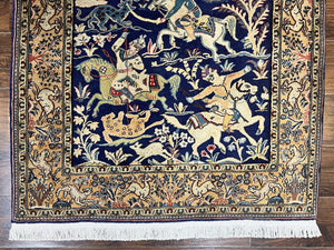 Persian Qum Hunting Design Rug 4x5, Wool Hand Knotted Vintage Oriental Carpet, Navy Blue & Mustard, Horsemen Animal Pictorials, Rare