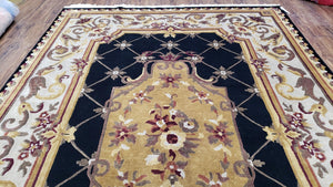 6x9 Nepalese Rug, Aubusson Savonnerie Area Rug 6 x 9 with Soft Pile, Hand-Knotted Wool Black & Beige Tibetan New Carpet European Design