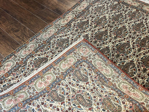 Persian Qum Rug 5x6, Cream Wool Hand Knotted Carpet, Repeated Boteh Paisely Design, Semi Antique Vintage Rug, Very Fine Weave 5 x 6 Rug