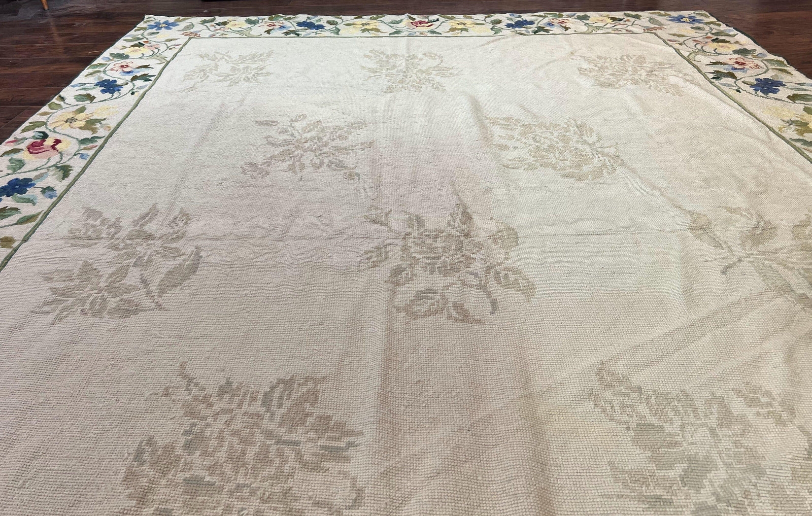 Spanish Needlepoint Rug 9x14, Floral, European Design, Handmade, Vintage Needlepoint Carpet, Room Sized Wool Rug