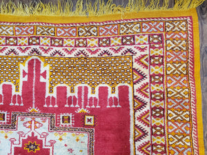 Vintage Moroccan Rug 6x10, Red and Yellow Moroccan Carpet, Handmade Bohemian Tribal Area Rug, Hand-Knotted 1970s Wool Rug, Medalions