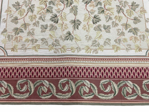 Aubusson Needlepoint Rug 9x12, Flatweave Carpet, Leaves, Wool, New, Handmade