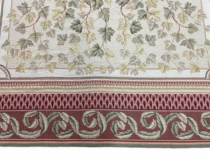 Aubusson Needlepoint Rug 9x12, Flatweave Carpet, Leaves, Wool, New, Handmade