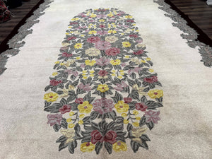 Palace Size American Hooked Rug 11x20 Aubusson Style Ivory