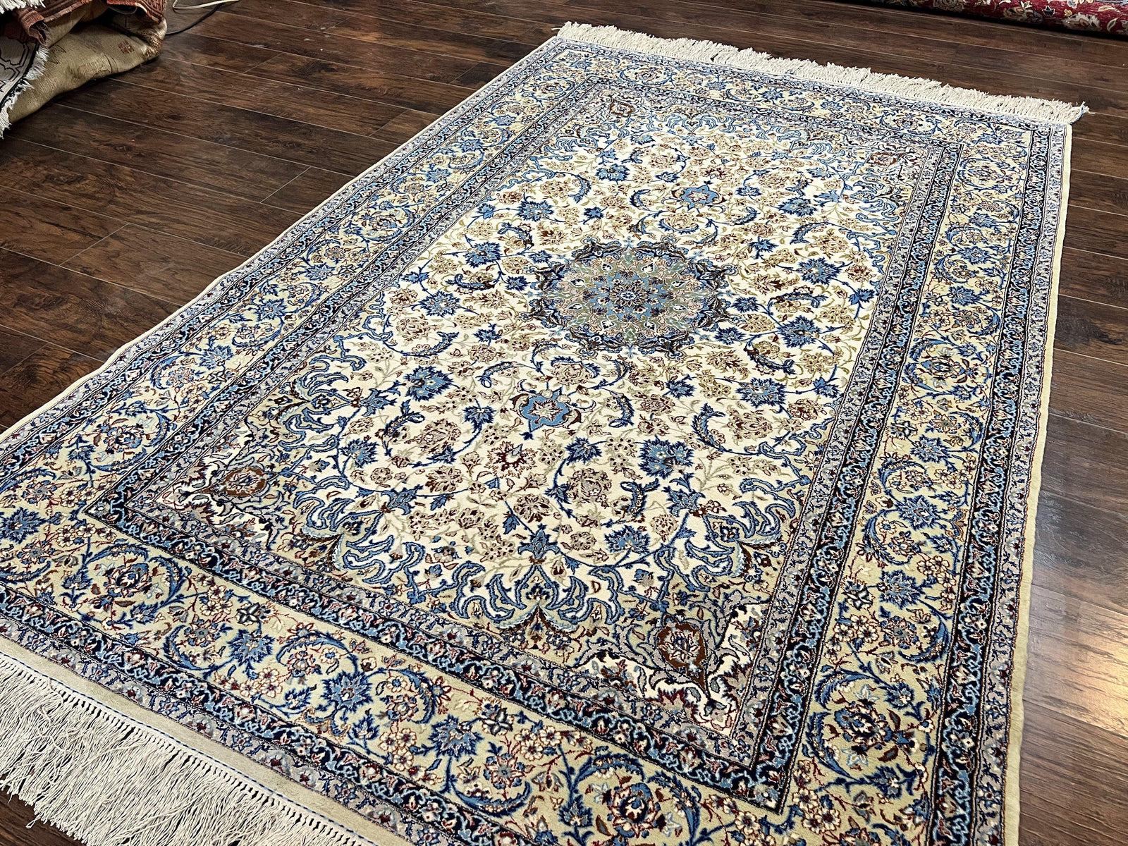 Persian Isfahan Rug 5x8, Kork Wool on Silk Foundation, 440 KPSI, Handmade Vintage Carpet, Floral Medallion Oriental Rug, Ivory & Blue, Very Fine