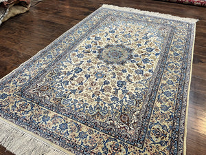 Persian Isfahan Rug 5x8, Kork Wool on Silk Foundation, 440 KPSI, Handmade Vintage Carpet, Floral Medallion Oriental Rug, Ivory & Blue, Very Fine