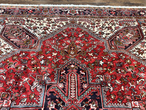 Large Persian Heriz Rug 10x13, Wool Hand Knotted Antique Carpet, Red and Ivory, Geometric Tribal Room Sized Rug, Decorative Oriental Rug