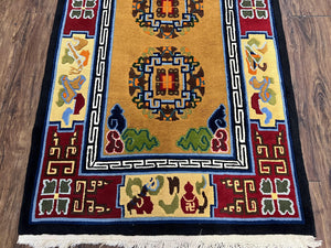 Vintage Chinese Art Deco Rug 3x6, Orange Dark Blue Maroon Chinese Peking Carpet, Asian Oriental Wool Rug, Bold Colors, Bedroom Rug, Hallway