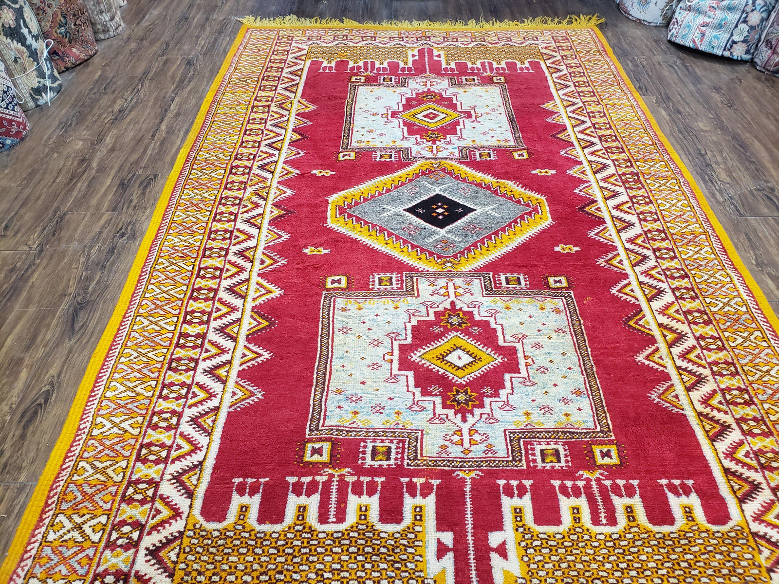 Vintage Moroccan Rug 6x10, Red and Yellow Moroccan Carpet, Handmade Bohemian Tribal Area Rug, Hand-Knotted 1970s Wool Rug, Medalions