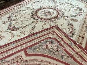Large Aubusson Rug 10x14, Elegant French European Floral Design, Vintage Handmade Wool Room Sized Carpet, Ivory