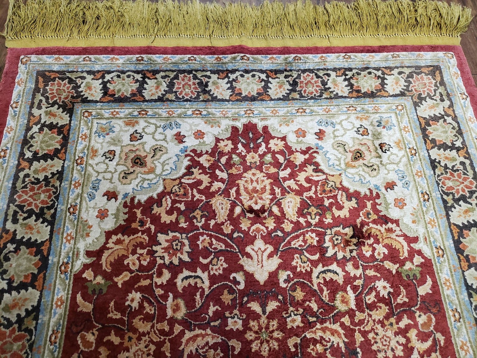 3x5 Silk Hand-Knotted Rug, Silk Oriental Carpet 5 x 3, Red & Ivory, Floral Medallion, Gold Fringes, Semi Antique Vintage Traditional Rug