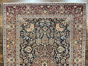 Persian Kashan Rug 4x7, Floral Medallion Vintage Handmade Hand Knotted Navy Blue & Red Wool Oriental Carpet, Highly Detailed Semi Antique Rug