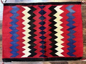 Antique Navajo Rug 3.7 x 2.8, Red Ivory Blue, Zig Zag Pattern, Handmade, Wool