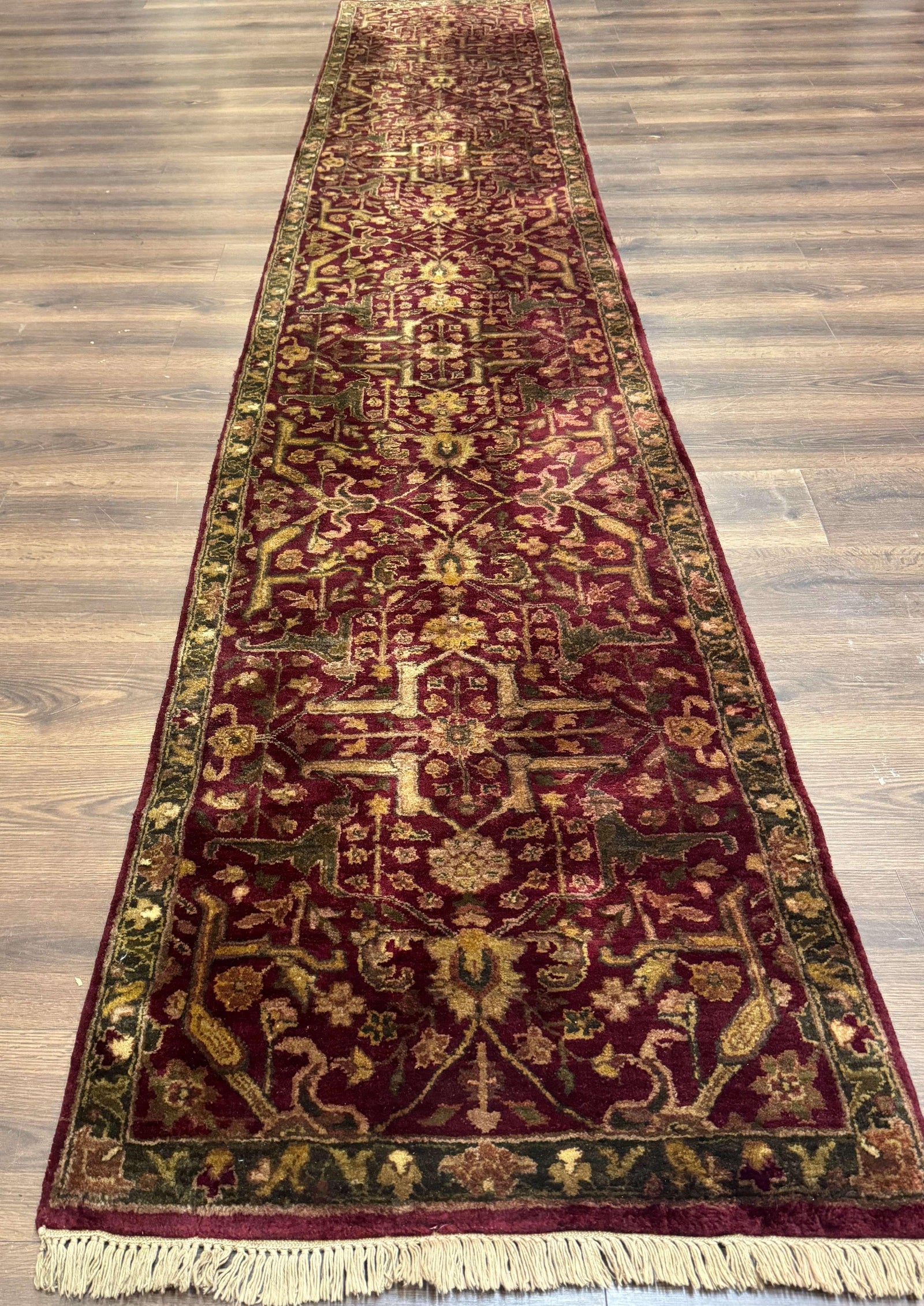 Indo Persian Runner Rug 2.7 x 13.8, Maroon, Wool, Handmade Indian Rug for Hallway