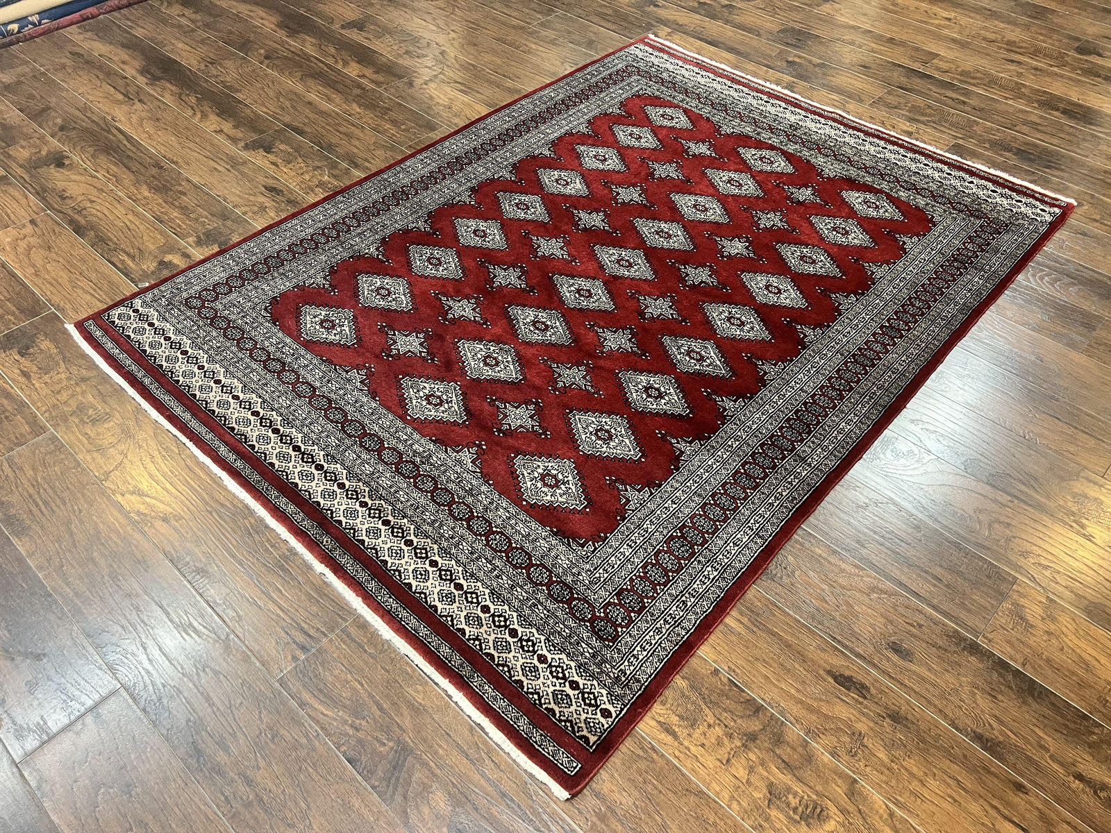 Pakistani Bokhara Rug 6x8, Fine Turkoman Carpet, Wool Handmade Vintage, Red, 6 x 8 Medium Sized Rug, Turkmen Rug
