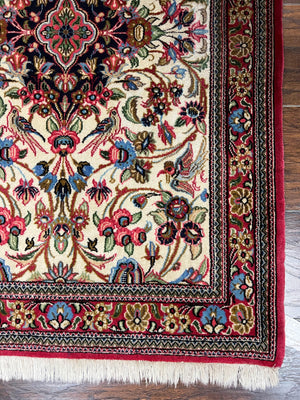 Wonderful Persian Qum Runner Rug 2.8 x 10 ft, Floral Medallions with Bird Motifs, Hand Knotted Wool Fine Oriental 10ft Hallway Runner, Cream Red